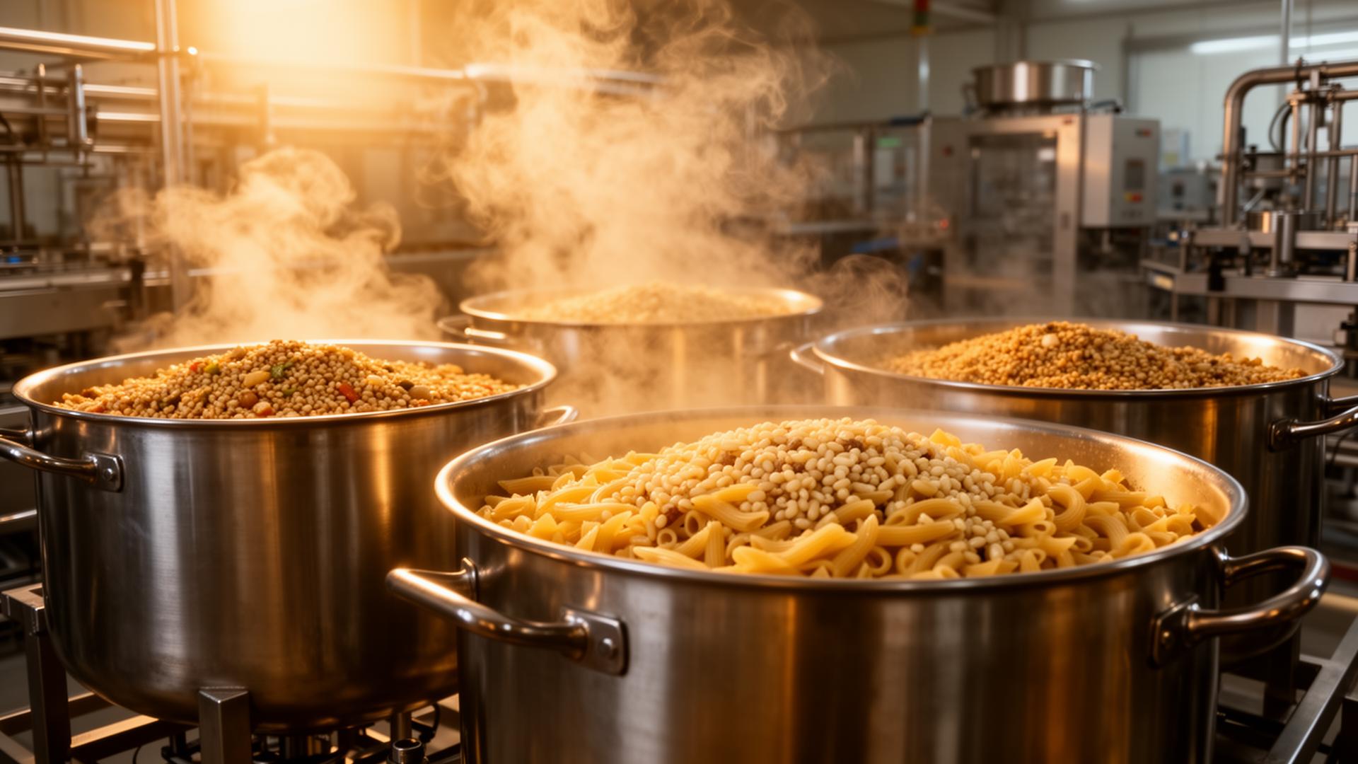 Industrial kettles of ready-to-eat pasta and grains in a modern food manufacturing facility