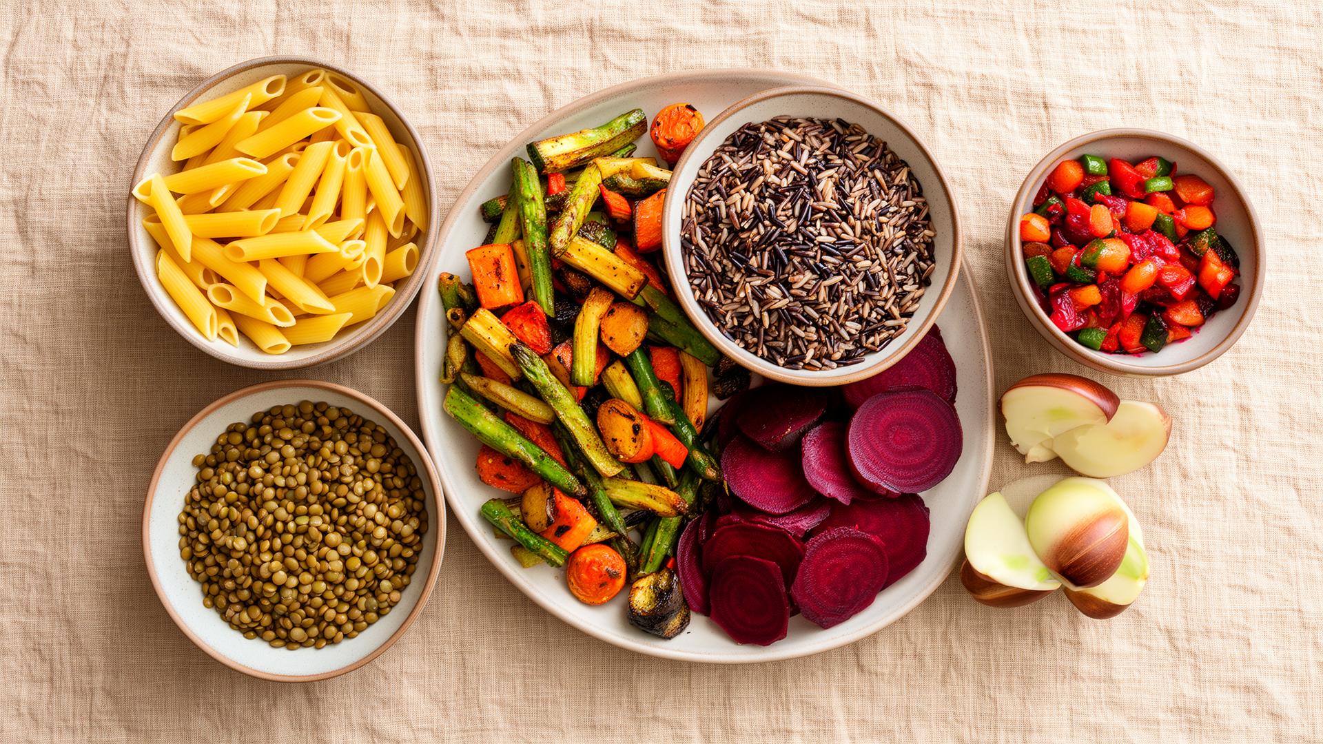 Ready-to-eat pasta, wild rice, roasted vegetables, lentils, and pickled beets